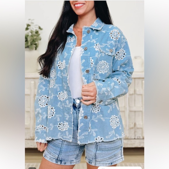 Like Love Jackets & Blazers - Embroidered Blue Denim Jacket
